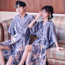 French New Couple Pajamas Household Clothes Spring and Autumn Simulation Silk Pajamas Set Dresse Dresse Bathrobe