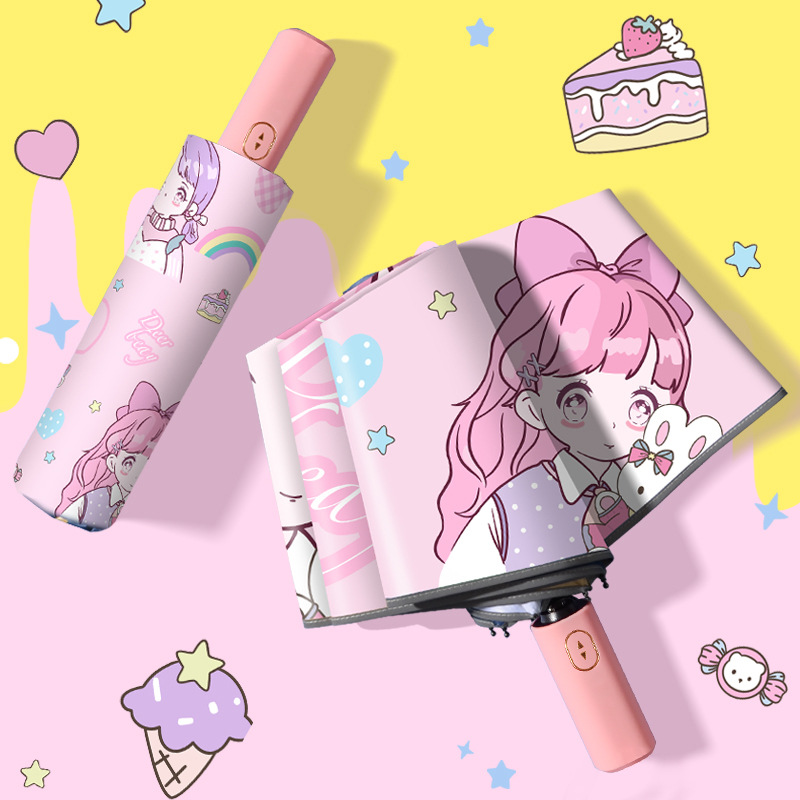 Children's umbrella anti-rebound automatic girl student school umbrella folding light rain and sun dual-use cartoon sunscreen umbrella