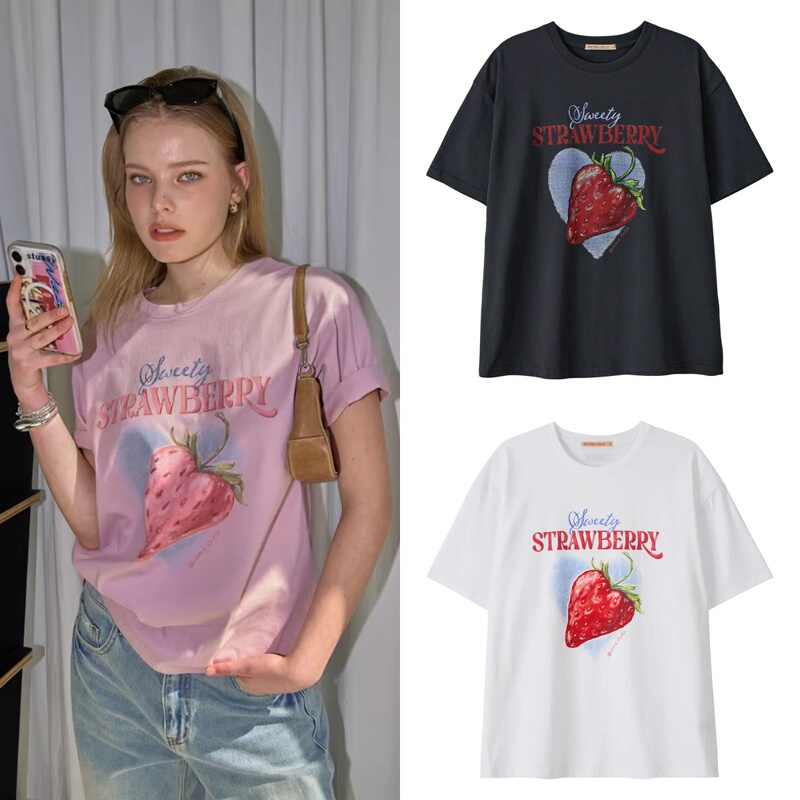Korean Designer Brand 26 Summer Bittercells Loose Strawberry Print Korean Style Short-Sleeved T-Shirt Women's Top