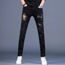 European station mens printed jeans mens pants trendy brand slim feet casual pants embroidered denim tide summer