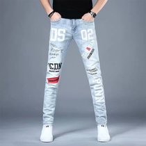 Mens high-end jeans 2021 new summer thin print slim feet trousers Tide brand hole mens pants