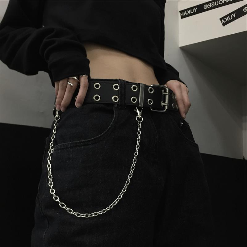 Korean Women's Belt ins Retro Personality Black Double Buckle Metal Chain Decoration Versatile Punk Belt Men's Trendy