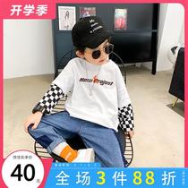 Boys T-shirt long sleeve spring and autumn models 2021 new childrens cotton plaid body shirt tide child fake two pieces loose