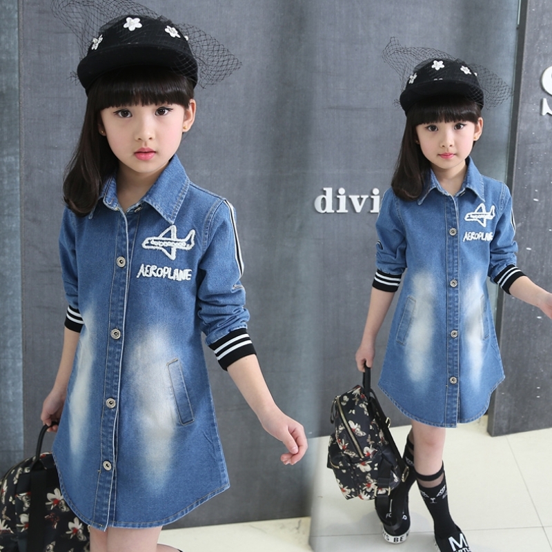 2019 mới trẻ em bông của bông cô gái mùa xuân và áo sơ mi denim mùa thu áo dài của phiên bản trung và dài Hàn Quốc phiên bản Hàn Quốc của áo sơ mi của trẻ em.