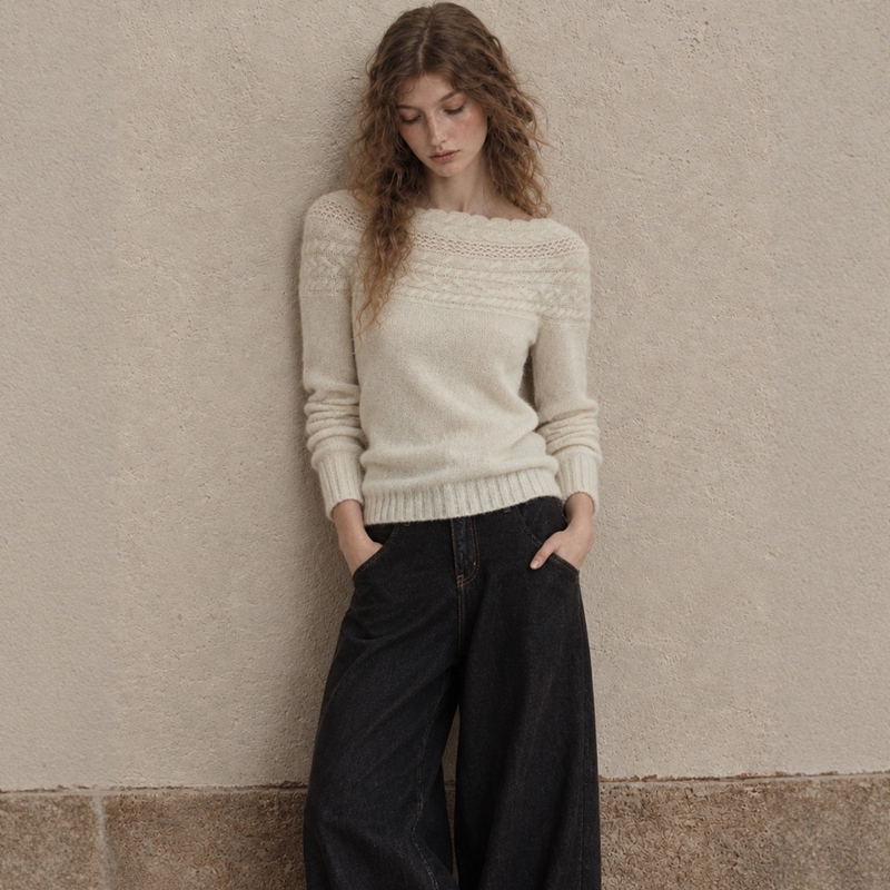Rosiee 【Mist White Poetry】 Off-Shoulder Cable Knit Sweater for Women, Autumn and Winter Vintage Soft Hollow-Out Knit Top