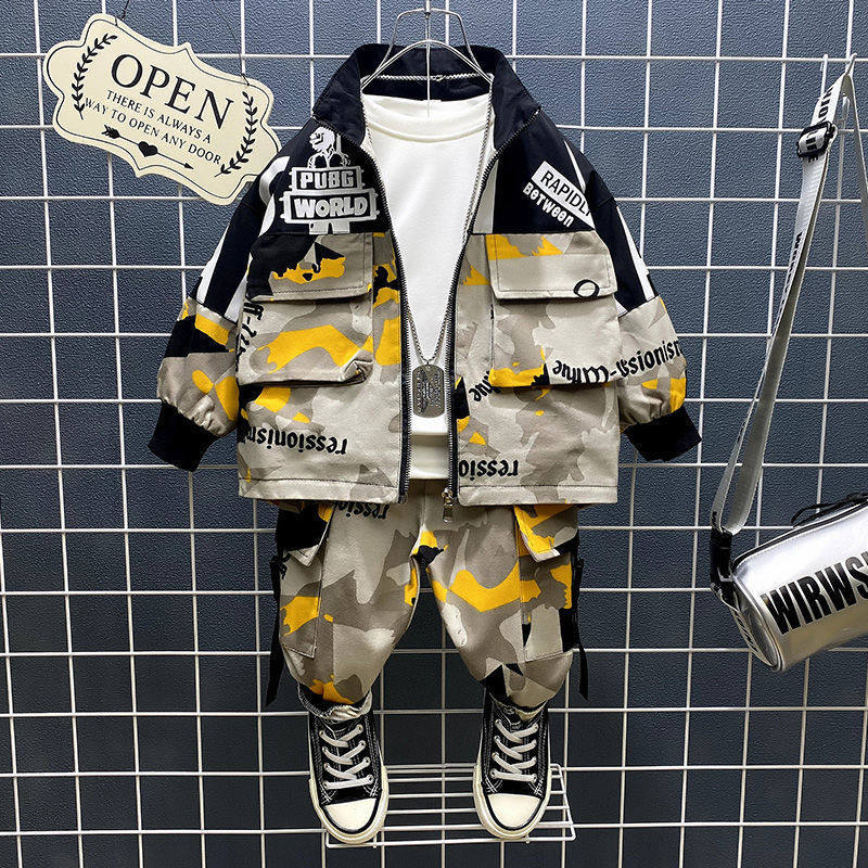 Boy winter clothing plus suede suit 2021 new baby children camouflate clothes children thickened handsome two sets of damp