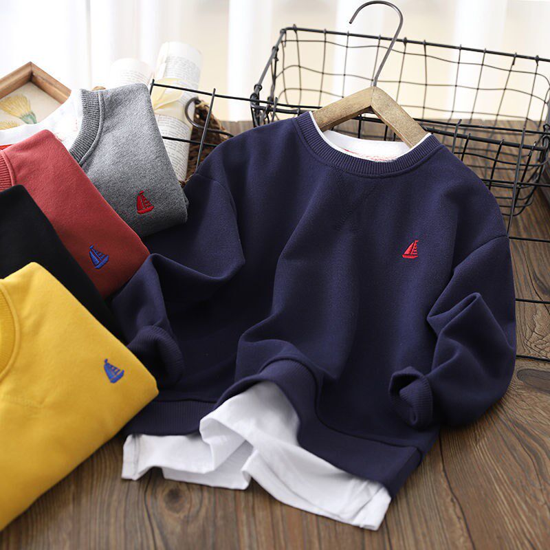 Boys sweater spring and Autumn children's fake two-piece embroidery long-sleeved T-shirt top Pure cotton medium and large children's base shirt loose