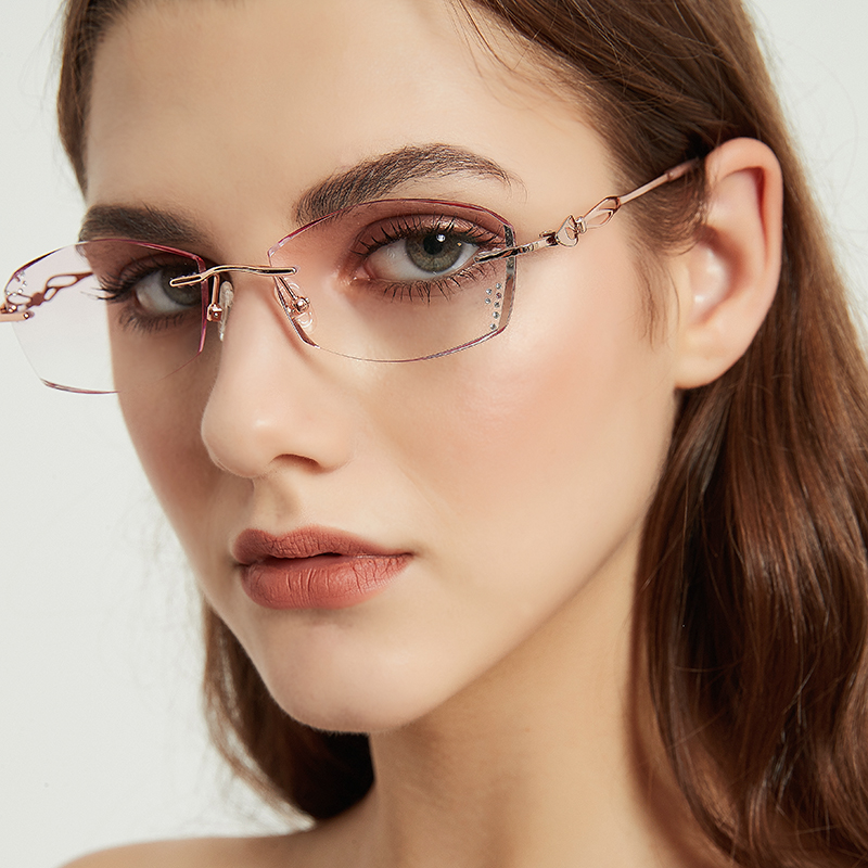 With myopia glasses frame rimless glasses frame pure titanium ultra-light without screws inlaid with diamond trimming finished female discoloration