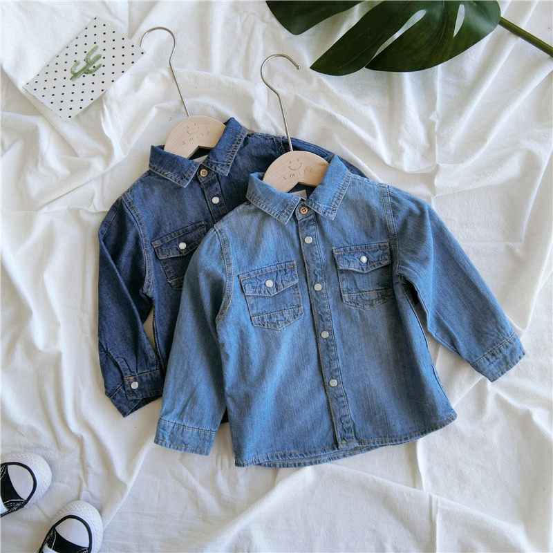 2022 spring autumn new children pure cotton denim shirt boy hit bottom cardiovert girl slim fit long sleeve shirt