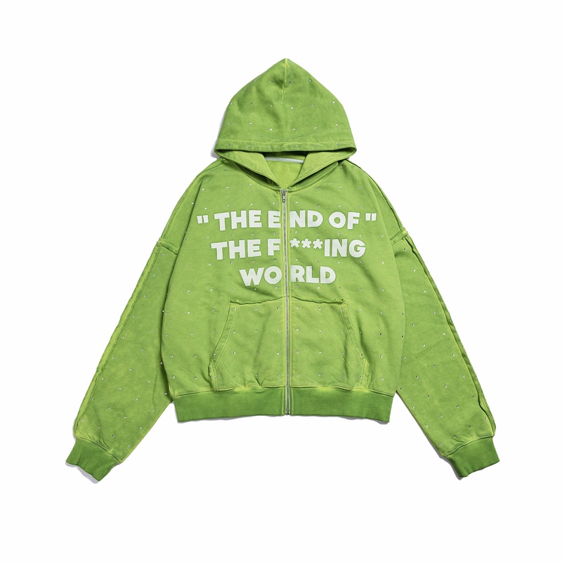 [Same Style as Yu Yuhan] Epochbrand Three-Dimensional Full Diamond Vintage Slogan Printed Hooded Sweatshirt Jacket