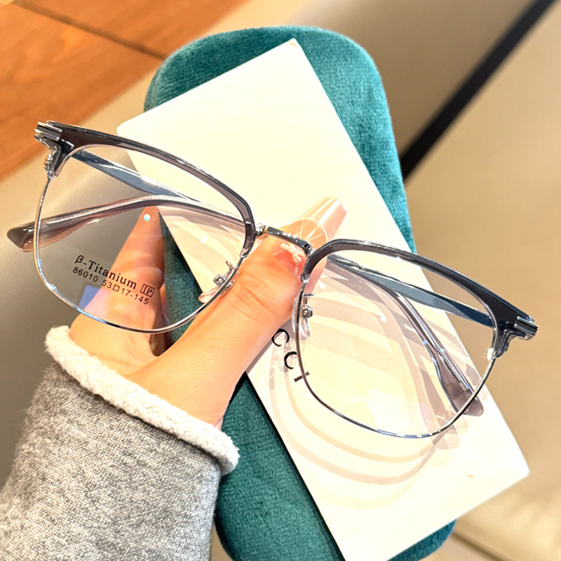 Half-Frame Anti-Blue Light Glasses for Women, Pure Retro Style, Suitable for Prescription Lenses, Large Frame, Stylish for Men