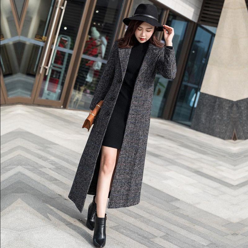 2019 autumn and winter new plaid wool coat women's long version of the Korean version slim thin over the knee thickened coat