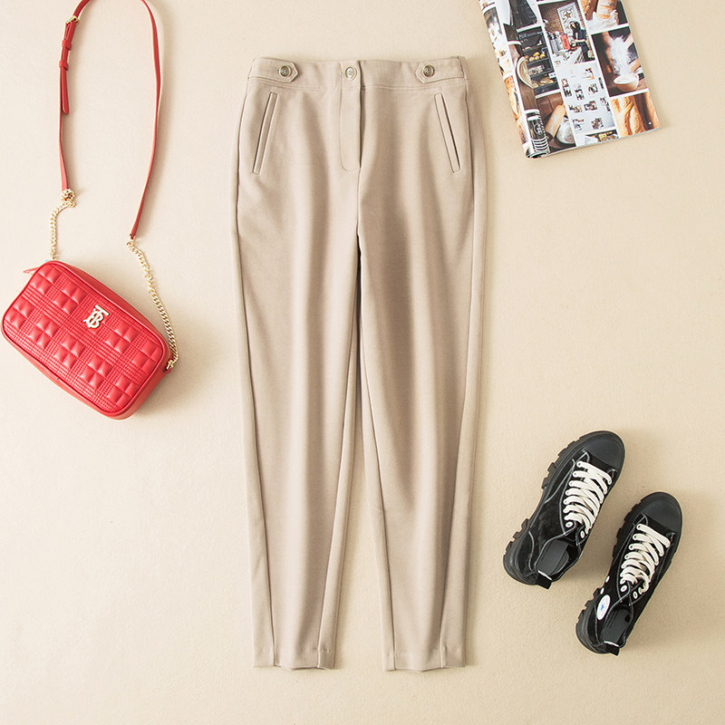 This winter warm earth three-color waist belt buckle thin and thick elastic nine-point tapered pants women 190290