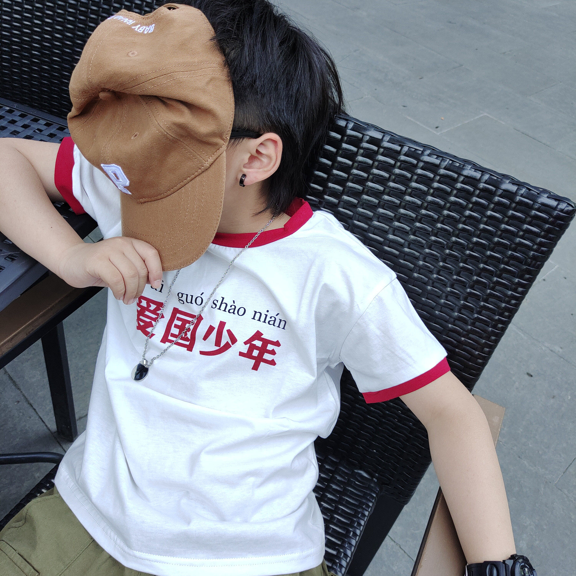 Pure cotton men's and women's baby short-sleeved tops patriotic from dolls ~ patriotic youth patriotic youth parent-child models