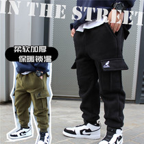Boys autumn and winter kangaroo overalls casual trousers sports pants childrens trendy pants plus velvet thickened one velvet pants