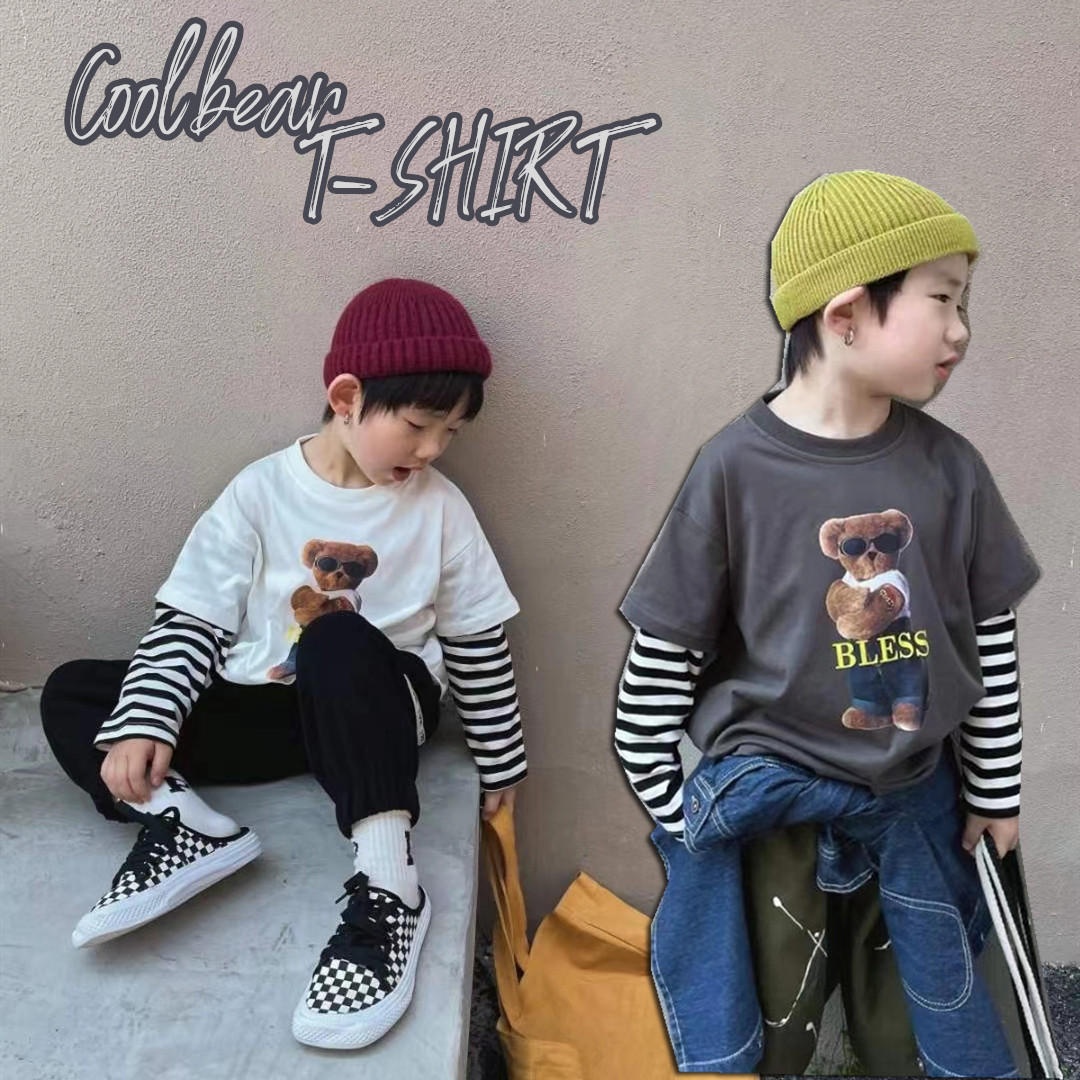 Korean version of autumn fitted with new boy T-shirt fake two undershirts CUHK Tong Yang sends cartoon loose children long sleeves wave