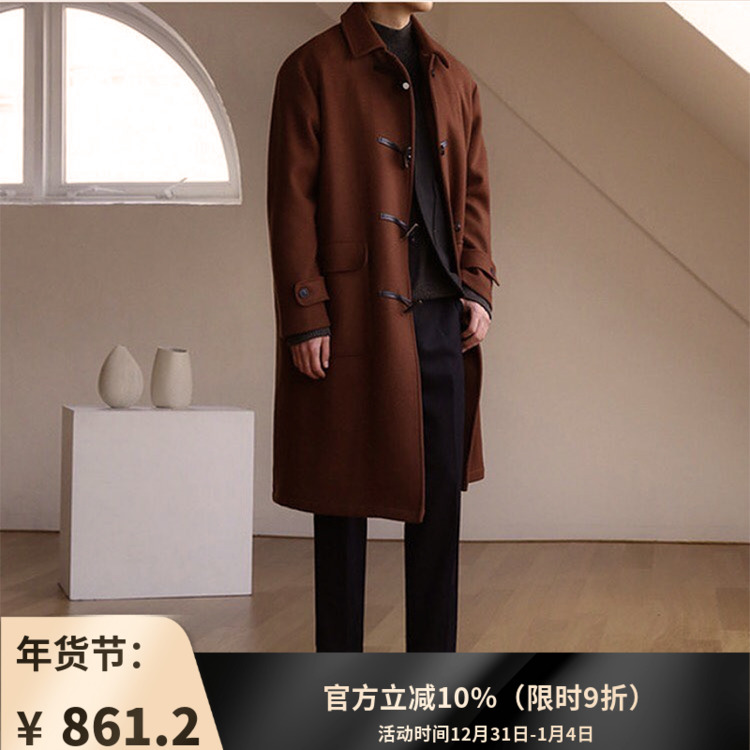 Retro preppy wind horn button coat autumn and winter thickened woolen coat mid-length woolen coat for men