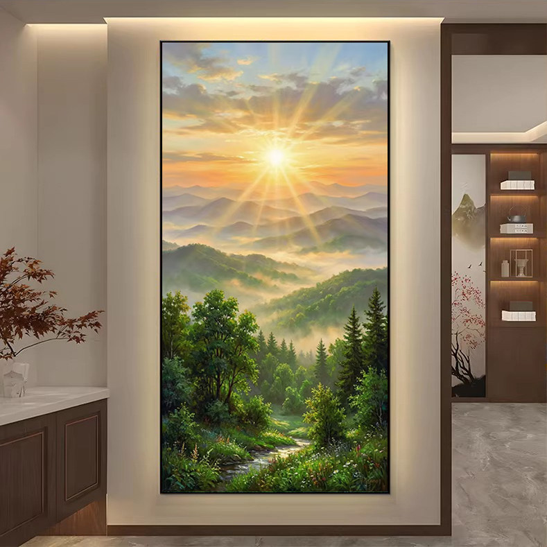 Eastern Wall Sunrise Oriental Entrance Hall Painting, Rising Sun Landscape Painting, Forest Aisle Entrance Decorative Painting, Wall Hanging Painting