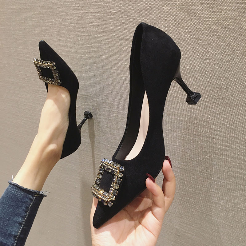 2022 spring new stiletto pointed high heels fashion all-match shallow mouth mid-heel black suede cat heel shoes for women