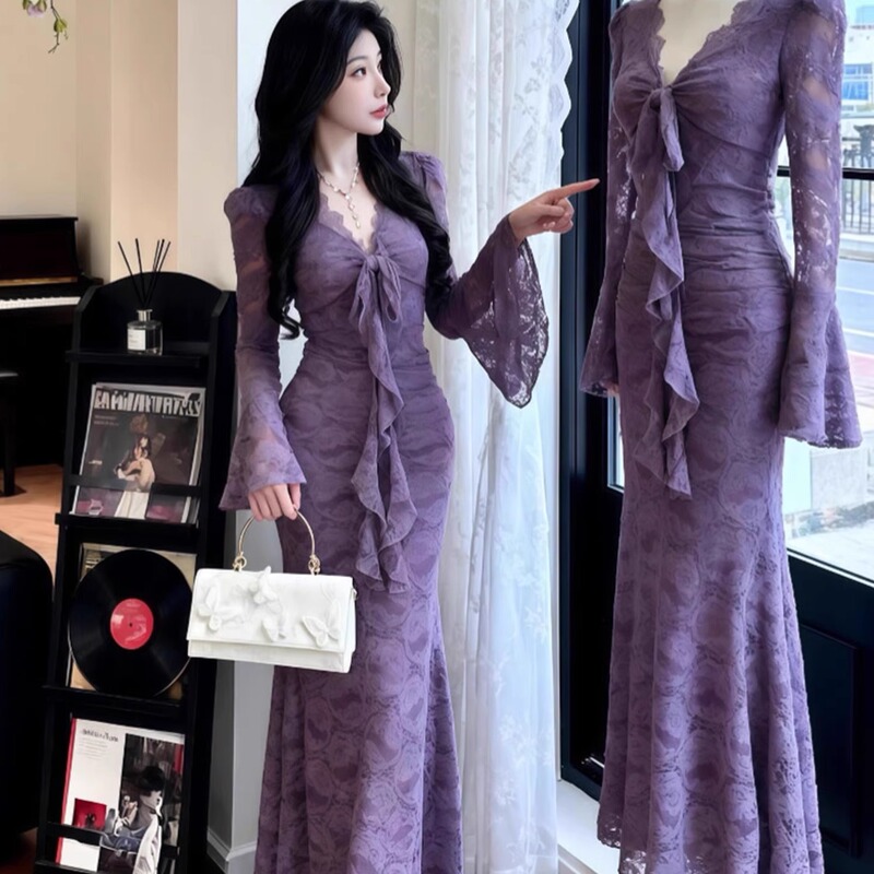 Purple V Neck Lace Dress for Women, Spring Tight-Fitting Figure-Flattering Long Skirt, Sexy Royal Sister Style Hip-Hugging Fishtail Skirt