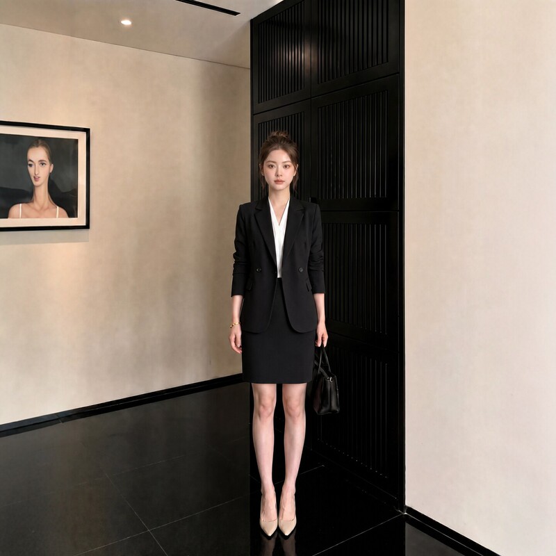 High-End Black Suit Set for Women, Spring and Autumn Style, Goddess-Like Double-Breasted Blazer and Skirt Two-Piece Set