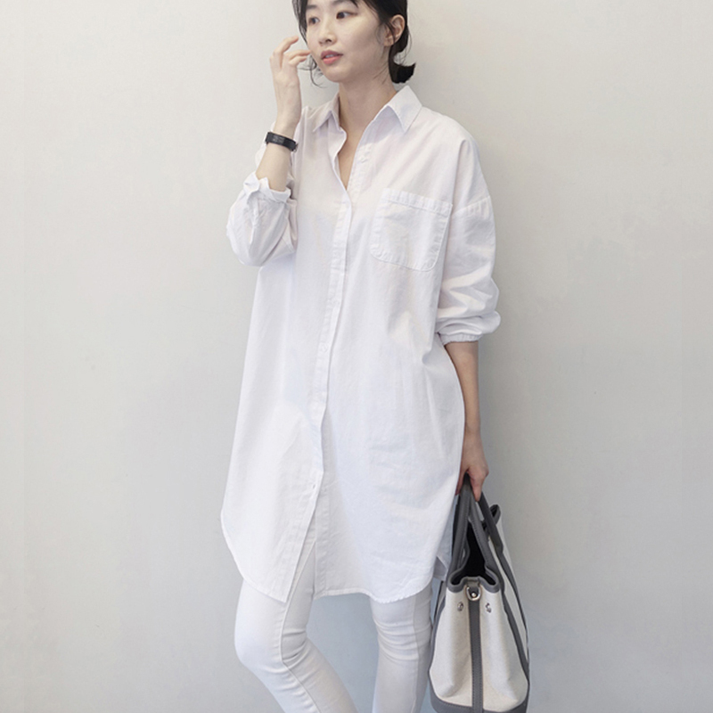 South Korea Dongdaemun 2026 Autumn Pure Cotton Loose Bf Style Mid-Length White Shirt Plus Size Long-Sleeved Shirt for Women