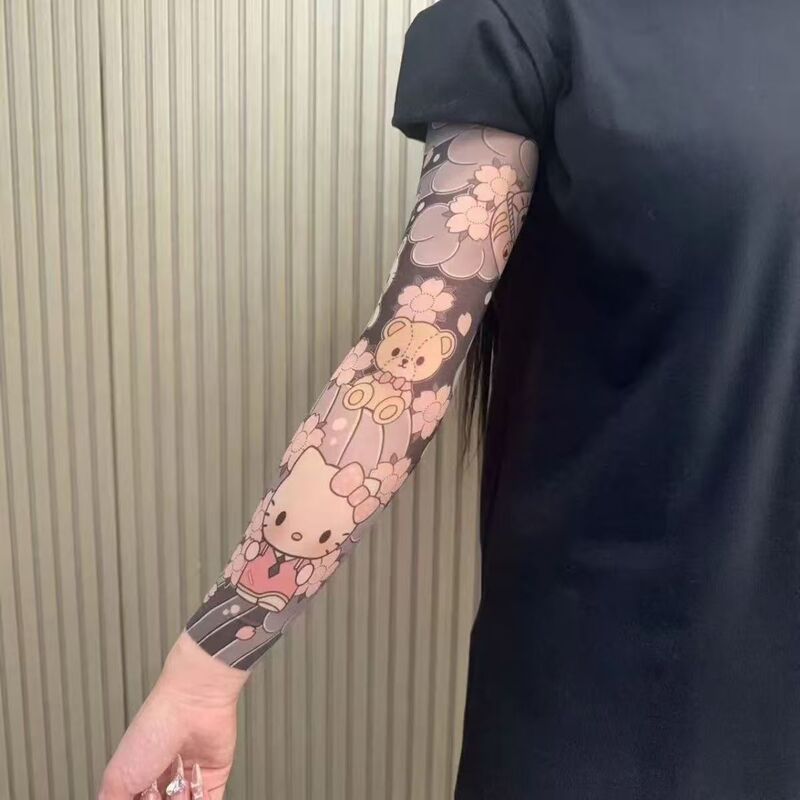 Hello Kitty Style Floral Arm Tattoo Ice Sleeve Ultra-Thin Seamless Unisex Couple Tattoo Sticker Cat Sun Protection Tattoo Sleeve