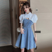 Han Han Ges cabin ~ denim skirt suit summer bubble sleeve shirt blouse waist suspender dress two-piece set