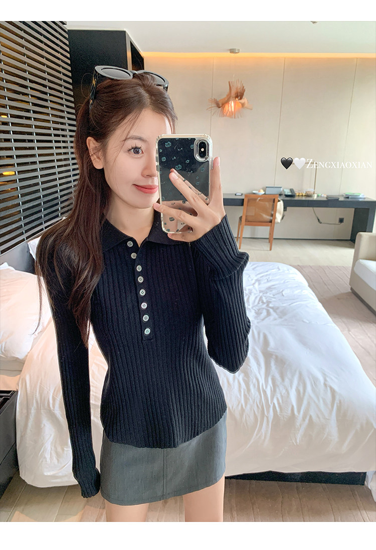 한 부서 POLO 칼라 긴팔 인사이드 가져 가라. 니트 스웨터 여성 몸매 가꾸기 기본 셔츠 외부 가져 가라. 이른 가을 착용 잡아라. 의류 상세 이미지 14