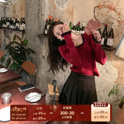 Красный свитер, атмосферная дизайнерская утепленный лонгслив, тренд сезона