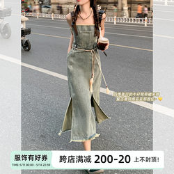 Zeng Xiaoxian denim suspender skirt ສໍາລັບແມ່ຍິງພາກຮຽນ spring ລ້າງແຂບດິບ retro ແອວສູງກາງຍາວ dress