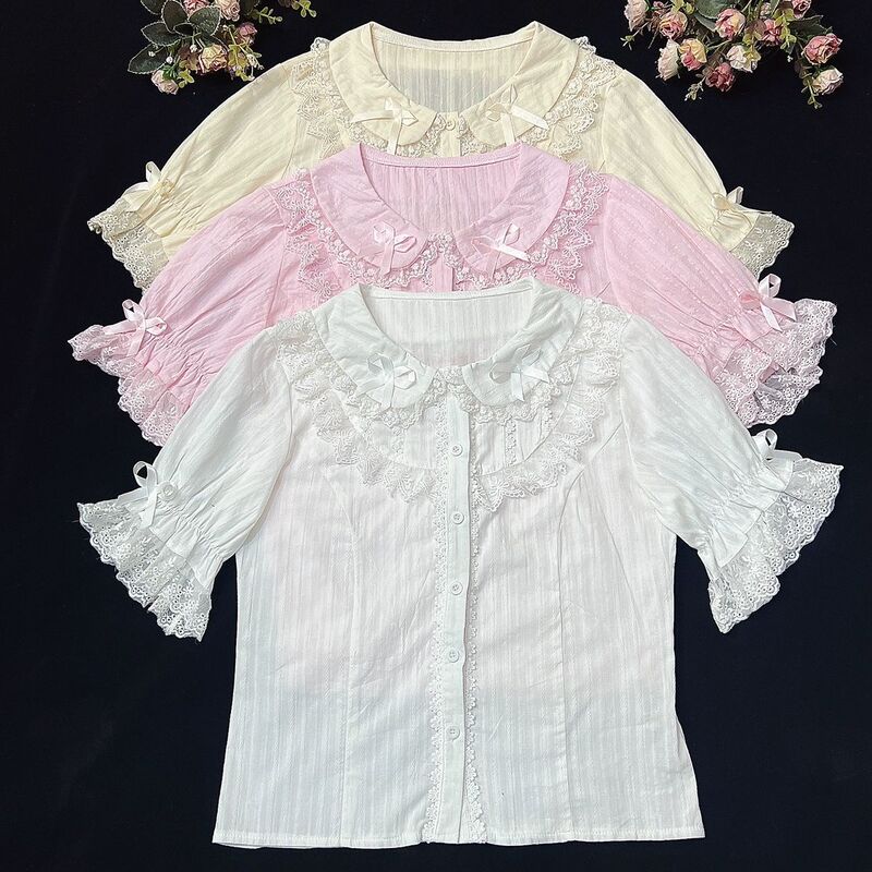 Sweet Bow-Knot Cute Doll Collar Short-Sleeved Lolita Shirt for Women, Slim-Fit Lace-Trimmed Dress Top