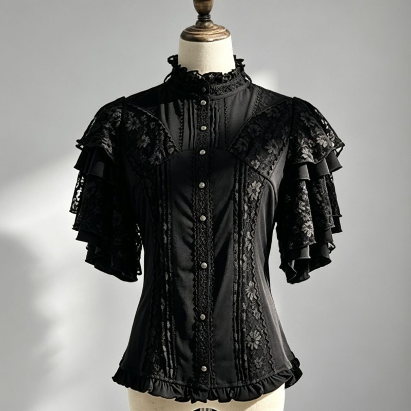 Gothic Style Cla Series Misty Moon Letter Paper Lace Shirt Short-Sleeved Ruffled Stand-Up Collar Retro Style Universal Black Top a Gothic Style Cla Series Misty Moon Letter Paper Lace Shirt Short-Sleeved Ruffled Stand-Up Collar Retro Style Universal Black Top a