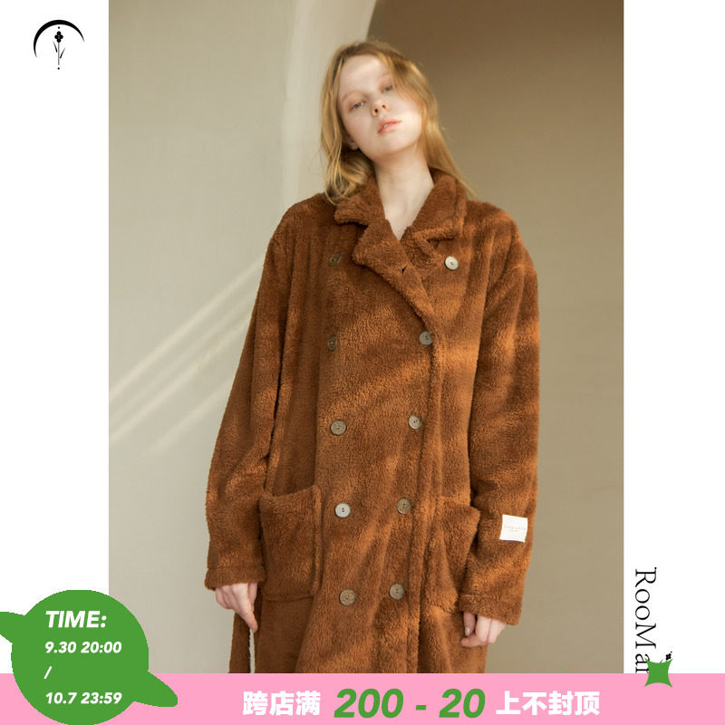 RooMance Rumansi double-sided coral fleece nightgown women's winter mid-length double-breasted detachable stand collar pajamas
