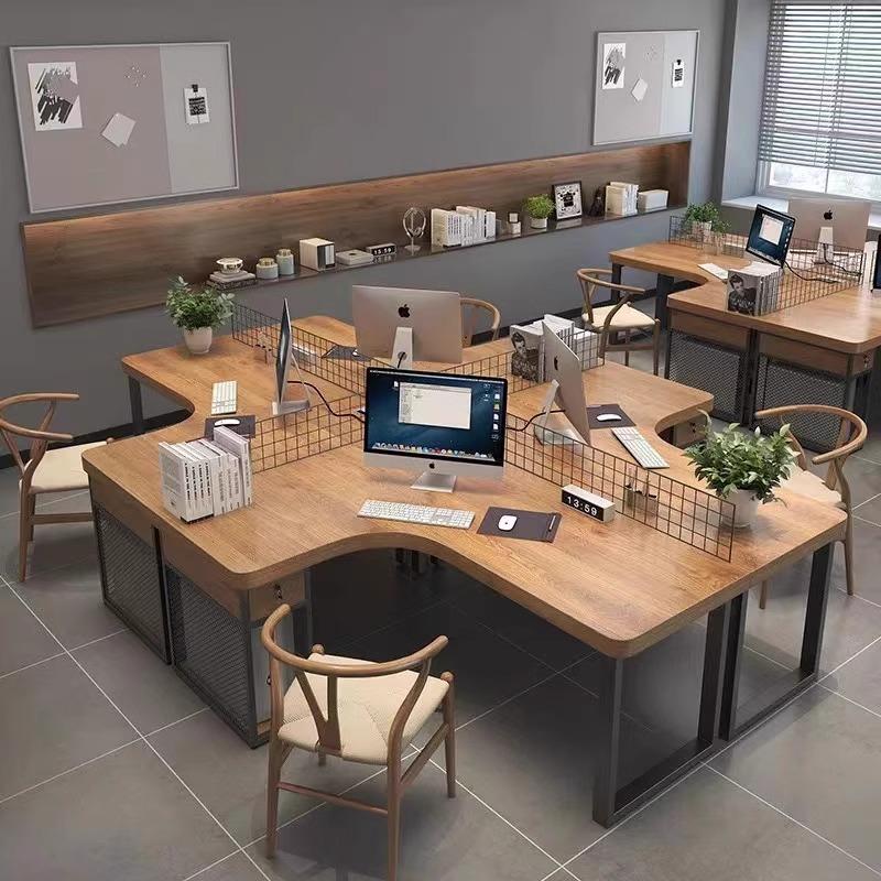 Industrial Style Solid Wood Desk Staff Desk Office Staff Desk and Chair Combination Four-Person Corner Curved Computer Desk Industrial Style Solid Wood Desk Staff Desk Office Staff Desk and Chair Combination Four-Person Corner Curved Computer Desk