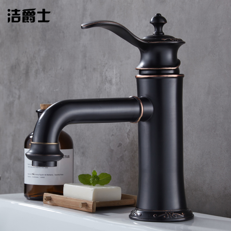 American black full copper stage pelvic floor basin tap European-style black ancient copper stage basin washbasin hot and cold single-hole tap