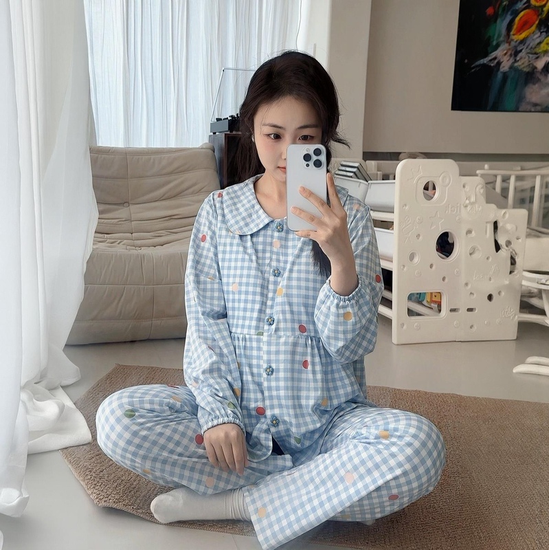 Skin-Friendly Pure Cotton Plaid Small Lapel Large Size Maternity Pajamas for Spring and Summer, Thin Style, Sweat-Absorbent, Postpartum Nursing Clothes