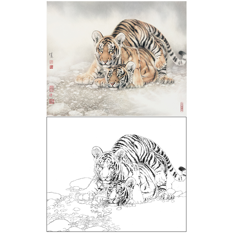Meticulous painting line drawing draft double Tiger Liu Jibiao Chinese Painting with rice paper copying material physical printing line draft A634