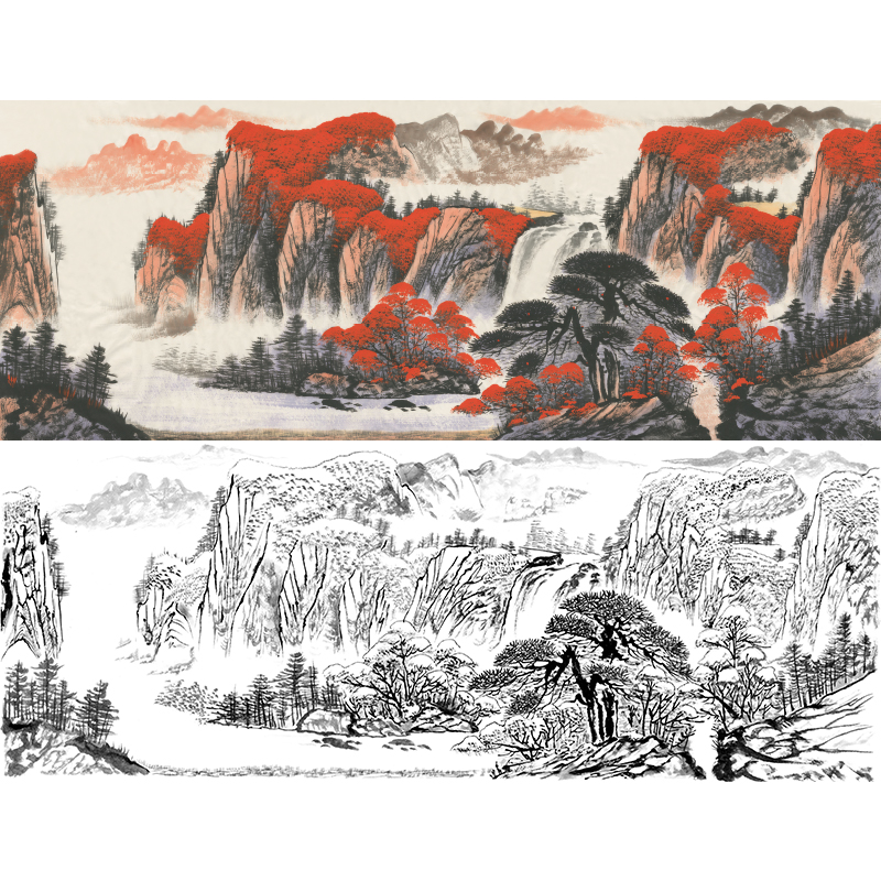 Fine brushwork white drawing manuscript lucky strike head large-scale traditional Chinese painting landscape manuscript physical printing manuscript used as copy hook FS08
