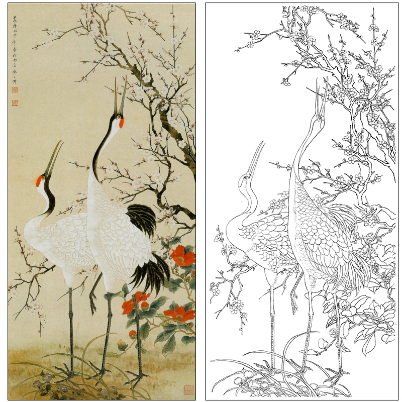 The white painting of the famous blossom of the famous flower and bird of the famous blossom, the physical printing of the crane A090