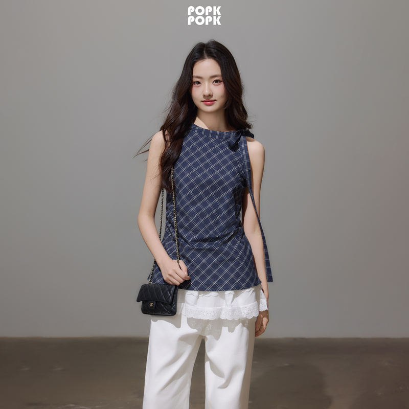 Popk2026 Spring and Summer New Women's Clothing Plaid Splicing Lace Sleeveless Shirt Bow Tie Halter Top for Women
