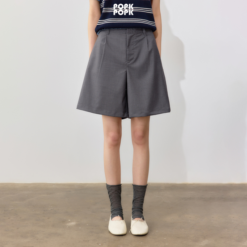 Popk2026 Summer New Style Light Luxury Minimalist High-Waisted Suit Shorts Gray Slimming Commuter Five-Point Shorts for Women