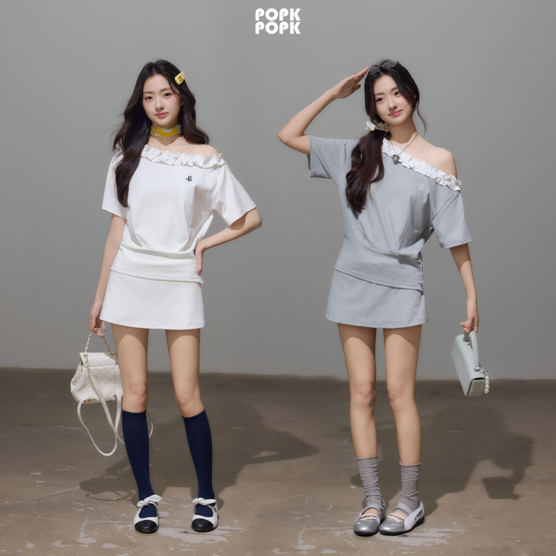 Popk 2026 Spring/Summer New Women's High-End Niche Slim-Fit Suit Asymmetrical Shoulder Slim-Fit Short-Sleeve T-Shirt Top and Short Skirt Popk 2026 Spring/Summer New Women's High-End Niche Slim-Fit Suit Asymmetrical Shoulder Slim-Fit Short-Sleeve T-Shirt Top and Short Skirt