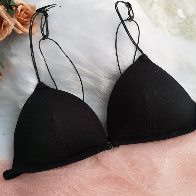 Xiaofen ultra-thin bra without steel ring thin sexy triangle cup cotton pad front buckle women's underwear summer thin strap open back all-match