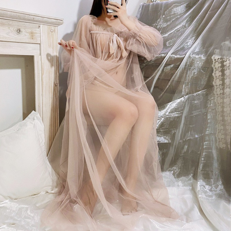 Ruffled Sexy Long Dress, Thin Mesh See-Through Long-Sleeve Gown, Large Hem Solid Color Home Sleepwear, Male-To-Female Sleepwear