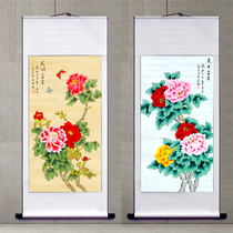 New Chinese style Central Academy of Fine Arts Ling Xuechun hand-painted Chinese painting Peony flowers and birds Living room sofa Dining room entrance hanging painting decoration