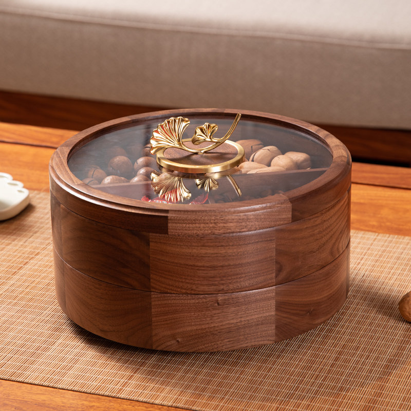 New Chinese style living room home fruit plate divided rotating coffee table snack dried fruit box creative new year wooden candy box