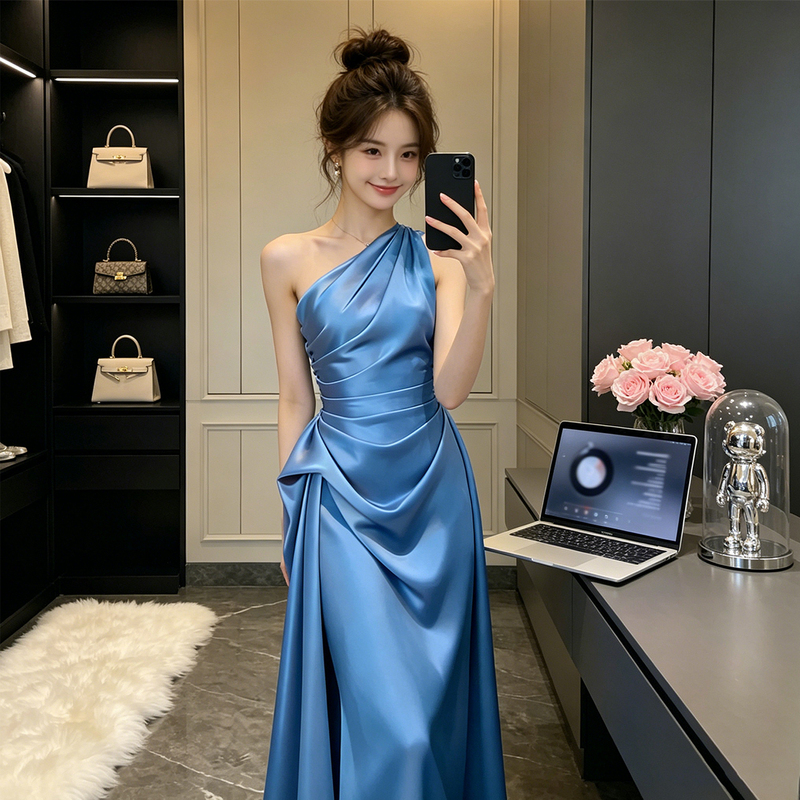 Bridesmaid Dress, Birthday Engagement Dress, High-End Light Luxury Niche Unique Stunning Blue Satin Off-Shoulder Dress Bridesmaid Dress, Birthday Engagement Dress, High-End Light Luxury Niche Unique Stunning Blue Satin Off-Shoulder Dress
