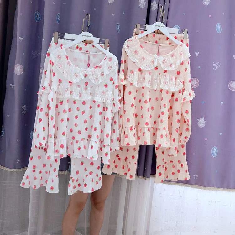 Dịch vụ mặc nhà mùa xuân và mùa thu phù hợp với phụ nữ đồ ngủ dài tay bằng ren cotton công chúa gió có thể mặc ngọt ngào phiên bản Hàn Quốc dễ thương - Nam giới thời trang mặc nhà