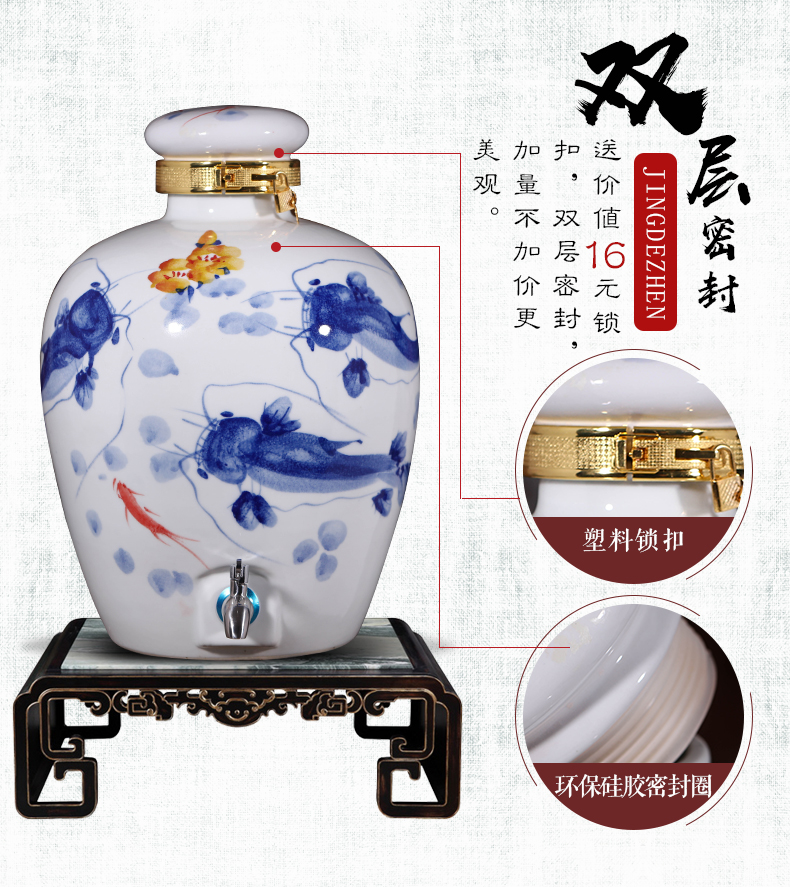 Jingdezhen ceramic jar 10 jins 20 jins 50 kg 100 jins of blue and white porcelain it household seal wine jar